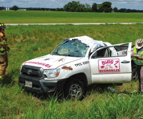 The driver of this Bugmobile pickup suffered serious injuries in a wreck on SH 71 west of La Grange Wednesday morning, June 29. Photo by Andy Behlen