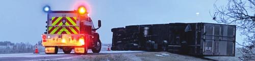 This 18-wheeler wrecked in icy conditions Sunday on I-10 near Flatonia, just one of numerous accidents caused by a winter storm. Photo by Flatonia Fire and Rescue