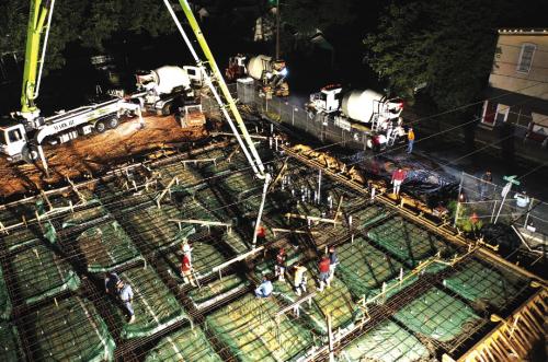 300 yards of concrete needed to create the new foundation for Phase I of the Fayetteville Community Center &amp; Performance Theater was poured over the weekend. Photo by Charles Callaway