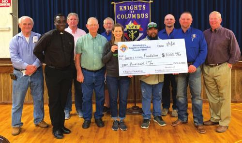 Pictured: (L-R) Chancellor Leonard Korenek, Chaplin Fr. Felix Twumasi, Hall Manager Kenneth Miksch, Brother Knight Henry Zapalac Sr., Trustee Dennis Johnson, Founder &amp; President of Turtle Wing Foundation DeeAnn Hooper, KC Sportsmen’s Committee Co-Chairman Pete Garcia Jr., Treasurer Colton Bubela, Grand Knight Paul Zapalac and KC Sportsmen’s Committee Co-Chair Stanley Pesek. Funds were raised by the Sportsmen.