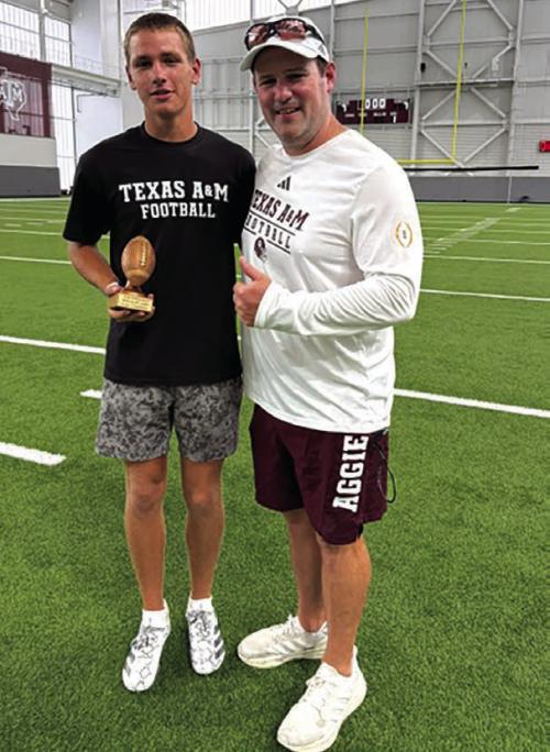 La Grange High School senior-to-be Colt Jobb attended the Texas A&amp;M Football Specialist Camp on Sunday, May 31. He was the Punt Champion for the camp. His longest punt was 59 yards. He is pictured above with Coach Patrick Dougherty, the Special Teams Coordinator for Texas A&amp;M Football.