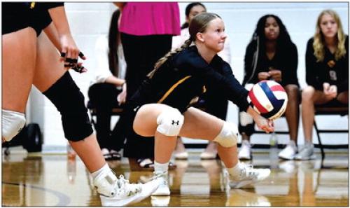 La Grange’s Haylie Cooper digs a ball against Taylor Friday. Photo by Stephanie Steinhauser