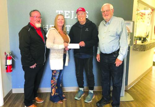 The Holy Smokers, the Men’s Club of St. James Episcopal Church of La Grange, made a special year end donation of $1,000 to Tejas Healthcare of La Grange. Pictured from left is: Gene Carson, Tejas CFO, Sheri Kehler, Tejas CEO, Dr. Bill Bailey, Tejas Director and Holy Smoker Joe Bailey.