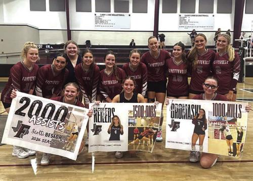 Several Fayetteville volleyball players were honored Tuesday for career milestones: Scotti Beseda’s 2,000 assists, Emily Keilers’ 1,500 digs and Lainey Gromaski’s 1,000 kills. FISD photo