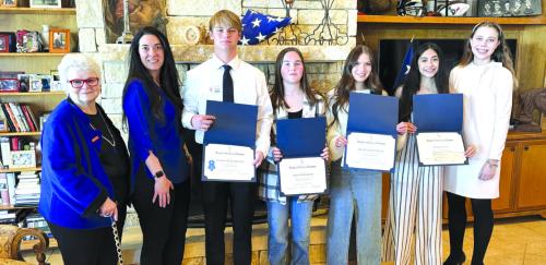 2024 Smith-McMillan Chapter NSDAR Good Citizen Award Recipients (left to right) Pamela Burke, Regent; Emily Shaw, Good Citizen Chair; Giddings High School senior, Jonathan Curtis Marshall who advanced to the state level; Haylie Marie Goode, Schulenburg High School; Ella Claire Busch Pineda, La Grange High School; Magali Salinas, Round Top-Carmine High School; and guest speaker, Julia Patterson. Not pictured, Kayme Lynn Schley, Fayetteville High School and Aaliya Nohealani Mendez, and Flatonia High School.