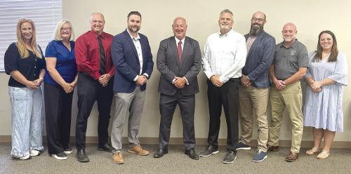 Pictured from left: Courtney Avila/Sealy High School Counselor, Dr. Becky Garlick/Executive Dean, Blinn College - Schulenburg Campus, Chris Sodek/Flatonia ISD Superintendent, Chase Seelke/Weimar ISD Superintendent, Dr. Jeff Harvey/Fayetteville ISD Superintendent, Lee Hafley/ Schulenburg ISD Superintendent, Dr. Chris Carpenter/Columbus ISD Superintendent, Dr. Clay Currier/Moulton ISD Superintendent, Katy Weldon/Sealy High School Counselor.