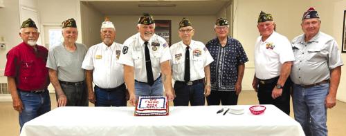 Fayette Memorial VFW Post 5254 of La Grange and Auxiliary members heard a brief history about Flag Day presented by Commander Richard Gray on meeting night, Tuesday, June 18. Pictured are VFW post members (from left) John D. Marburger, Lawrence Heinrich, Glenn Altwein, Commander Richard Gray, Dick Frenzel, Weldon Koenig, James Bramblett and Joe Kruppa.