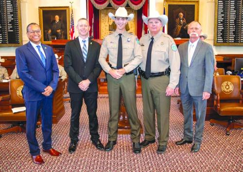 Alex Steinhauser (center) graduated from the 65th Texas Game Warden Academy and was commissioned as a State Park Police Officer on June 2 at the Texas State Capitol. Alex is a 2021 graduate of Texas A&amp;M University where he was a member of the Corps of Cadets and an Aggie Bandsman. He is the son of Dale (Willie) and Jamie Steinhauser of Fayette County. Alex has been assigned to Mustang Island State Park in Corpus Christi.