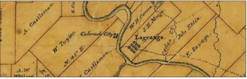 Detail from an 1840 map of Fayette County drawn by W. H. Sandusky that includes the S. Castleman half league. The original map is in Austin at the Texas General Land Office.