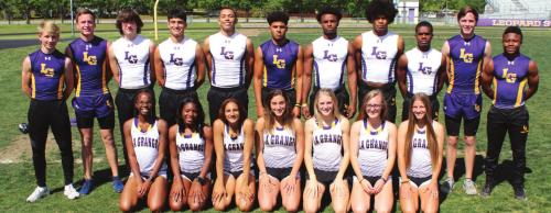Regional track qualifiers from La Grange include, left to right: Back row: Austen Diggs, Blake Truss, Carson Kemp, Gerald Rodriguez, Trey East, Jakobe Wilkerson, Dana Baker, Jonathan (Bravion) Rogers, Jordan Scott, Dylan Truss, Devin Johnson; Front Row: Victoria Harold, Jaylen Reese, Mercedes Wylie, Mya Broussard, Hailey Bass, Lanie Doyle, and Ellee Sodolak. Not pictured: Aysia Grant, Ryann Marshall, Ariel Thompson, Jaren Woods, Joseph Mueller. Photo by Jeff Wick