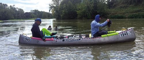 Here’s a photo of the team of Jeremy Simpson and Vince Belcastro getting back on their canoe after a rest stop and checkpoint at Plum Park Saturday Sept. 12. Photo by Jeff Wick
