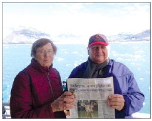 Henk and Joke Bergen of Carmine made a round trip in Alaska, starting in Anchorage and visiting Valdez, Fairbanks where they panned for gold, a train ride with the Alaska Railroad to Denali National Park, and back to Anchorage where they finished with a boat tour from Seward to Kenai Fjords National Park. The picture with their hometown paper was taken in front of Colombia Glacier. The weather was picture perfect all the time.