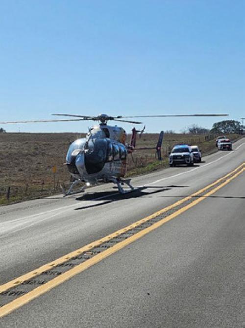 Washington County EMS Air One medical helicopter evacuated a patient in critical condition after a wreck on SH 159 near Rutersville Saturday. Photo courtesy of Fayette County Sheriff’s Office