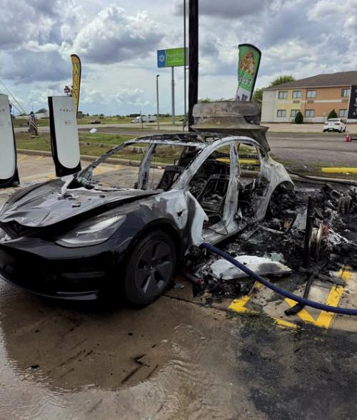 The Weimar Volunteer Fire Department shared this photo of the Tesla that burned as a result of suspected arson last Thursday.