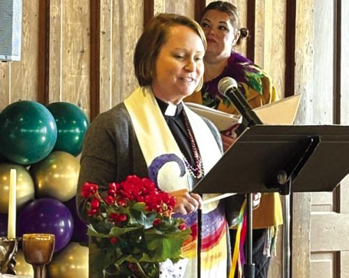 Pastor Jen delivering the sermon at the Shared Lutheran Ministry 25th anniversary celebration on Feb. 1 at the SPJST Hall in Fayetteville.