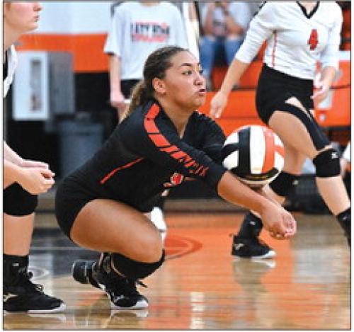 Schulenburg’s Kieryn Adams digs a ball in Saturday’s victory over Flatonia.