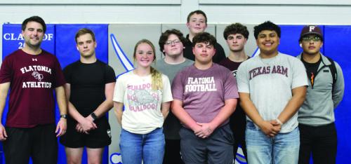 Above is a picture of the Flatonia Powerlifting Team that attended the Rice Consolidated Last Chance Qualifier on Wednesday, February 21. Pictured are (front row, from left) Coach William McGonagle, Colt Marler, Harleigh Haseloff, Rambo Ramirez, Udi Manzano; (middle) C.J. Cassell, Lukas Gutierrez, Yandel Manzano, (back) Dylan Hughes.