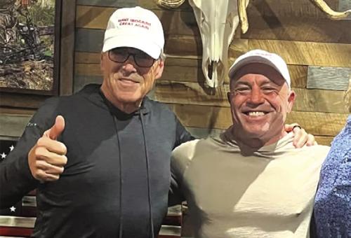 Former Texas Governor (and Round Top resident) Rick Perry, left, and podcast host Joe Rogan, right, last week.