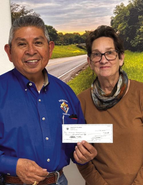 Joe Jimenez with the Knights of Columbus Council 2153 from Weimar presented Stephanie Shroyer a $500 for donation to Senior Connections. Joe will be a speaker for the Weimar campus next month as a representative from Cathedral Oaks Retreat.