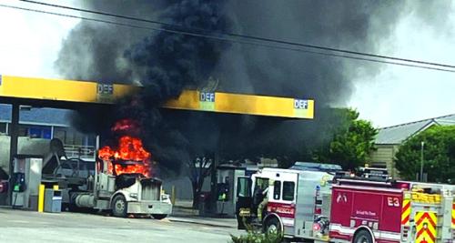 Truck Catches Fire at Gas Station