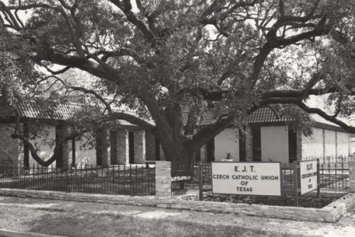 Despite inclement weather on Sunday, attendance was large at the ribbon cutting, dedication and open house for the new Czech Catholic Union of Texas (KJT) home office building diagonally across from La Grange City Hall. The event was held in conjunction with a Czech Day celebration. Photo courtesy of Fayette Heritage Museum and Archives.