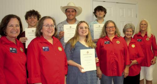 Pictured left to right are: American Legion Auxiliary scholarship committee member (Committee), Elaine Matthys; Cordale Knapik, Scholarship Recipient; Elizabeth Kallus, Committee; Bradyn Prasek, Recipient; Autumn Wolf, Recipient; Hudson Corn, Loretta Brugger Memorial Scholarship Recipient; Phyllis Chavarria, Committee; Stacy Ryza, Committee; and Mary Battle, ALA, Post President.