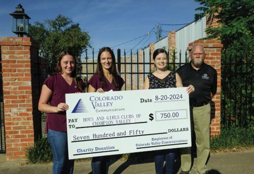 The employees of Colorado Valley Communications recently presented a $750 donation to the Boys and Girls Club of Champion Valley. Pictured (from left) are CVC Customer Service Assistants Rylee Rudloff and Faith Whitset along with Boys and Girls Club Executive Director Jennifer Owens and Board President Al Gilbertson. Staff photo by Andy Behlen
