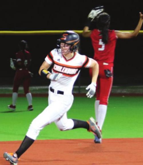 Schulenburg’s Erica Otto heads into second after one of her doubles Saturday. Photo by Audrey Kristynik