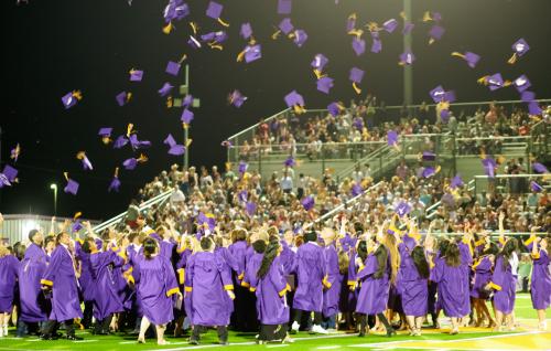 The La Grange High School graduates throw their caps in the sky at the conclusion of the graduation ceremony Thursday. Photo by Andy Behlen