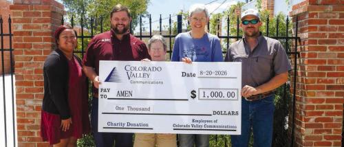 The employees of Colorado Valley Communications presented a $1,000 donation to AMEN Food Pantry. The donation came from voluntary contributions by the CVC employees. Pictured (from left) are CVC Customer Service Representative Brittany Moeller, CVC Assistant Data Analyst Landon Hatfield, AMEN Volunteer Mary Lou McElroy, AMEN Vice President Susan Schultz, and CVC Network Supervisor Dustin Herzik. Staff photo by Andy Behlen