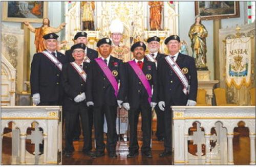 The Knights of Columbus, 4th Degree, St. Michael Assemblies No. 1527, and Bishop Odin Assembly No. 1095 served as Honor Guards for Most Rev. Brendan Cahill, Bishop of the Victoria Diocese, celebrating Mass at the Assumption of the Blessed Virgin Mary Church at Praha. Pictured front from left is: Leonard Korenek-Schulenburg, Charlie Herzik-Weimar, Joe Jimenez-Weimar, Philip Rocha-Hostyn, Mike Dittrich-Hostyn; back row: Frank Janacek-Weimar, Bishop Brendan Cahill, and Benedict Kallus-Hostyn.