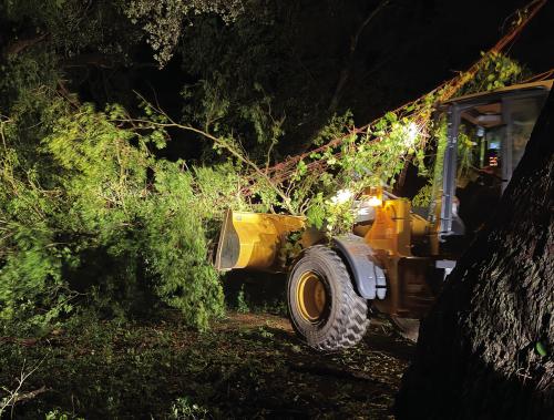 Precinct 1 Commissioner Jason McBroom shared this photo with us of his crew hard at work Monday morning clearing storm damage that blocked Bartons Creek Rd. in Kirtley. Powerful winds caused a lot of damage across Fayette County both Saturday and Sunday nights.