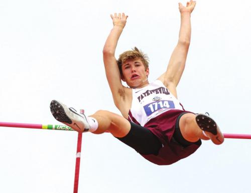 Fayetteville’s Landon Urban finished seventh in the 1A boys pole vault at the state meet, clearing 11 feet. Photo by Scott Coleman