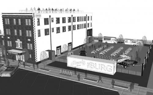 An artist’s rendering of an outdoor drive-in inspired movie theater next to the renovated Von Minden Hotel, which up until a decade ago, housed the Cozy Theater in Schulenburg.