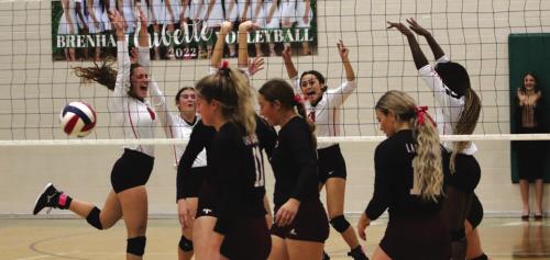 The members of the Schulenburg volleyball team celebrate a point Saturday in their playoff match as Thorndale players see their match slipping away. Photo by Audrey Kristynik