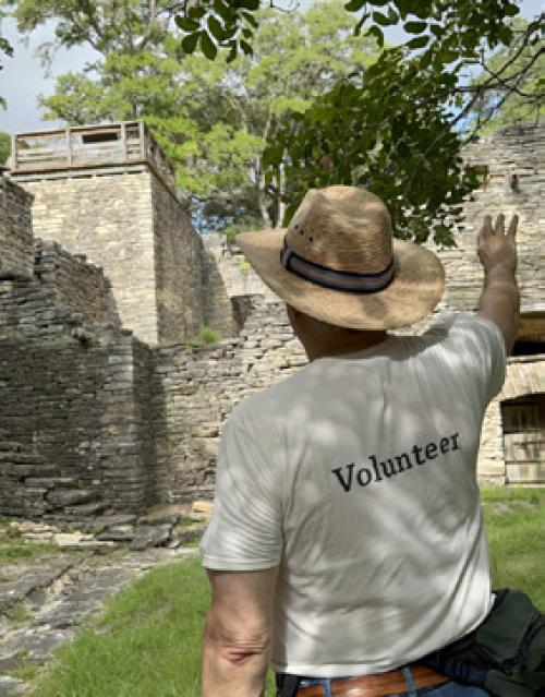 Longtime volunteer Greg Walker leads a tour through the ruins of Kreische Brewery. Docents learn about the sites’ history and then retell it to visitors in tours throughout the grounds.