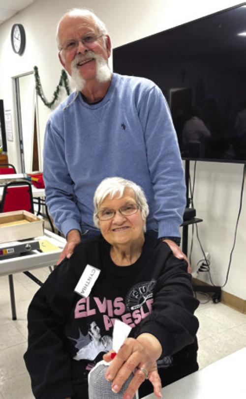 Rusty Beckmann, member and board member calls our bingo games to finish out the days on Wednesdays. He is pictured here with Cynthia Meyer with her blackout prize of two pounds of ground beef from Texas Beef Initiative.