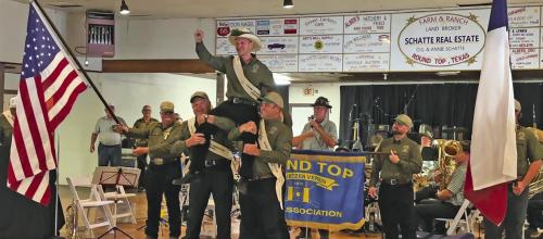 Kyle Fricke is hoisted on the shoulders of fellow Round Top Rifle Hall members as he was crowned 2026 Schützenkönig in Round Top Sunday. Round Top Rifle Hall photo