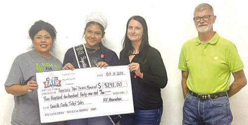 At the Fayette County Fair’s October membership meeting, President Mike Zuhn and Vice President Brandi Chovanec, presented checks to the non-profit organizations that sponsored the Queen contestants this past year. The fair awarded $7,072.50 to three organizations. These monies are in addition to the scholarships that the contestants earn. Francisco “Paco” Orona Memorial Scholarship, pictured above, represented by Yeli Cerda, received a donation of $3,241 on behalf of Queen Emireth Cerda.