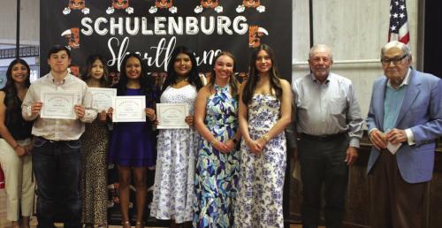 Left to right – Ruby Rodriguez, 2025 WJBS Scholar; Aidan Mendez; Jailyn Guerrero; Daysi Rico; Shalanie Olvera; Mikayla Otto, 2025 WJBS Scholar; Fay Kutac, 2025 WJBS Scholar; Bob Srubar, WJBS Scholarship Committee Member; Theodore Stanzel.