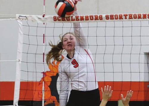 Schulenburg’s Erica Otto spikes a ball last week against Weimar. Photo by Audrey Kristynik