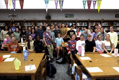 Fayette County Semiquincentennial Committee Chairman Larry Jackson spoke to the La Grange High School Leo Club about the Liberty Tree project. Several Leo Club members volunteered to help distribute the trees on Oct. 3. Photo by Andy Behlen