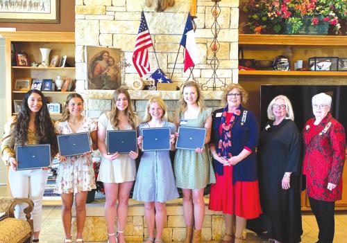 Pictured from left: Ilse Crystal Salinas, Round Top-Carmine High School; Abigail Dela Rosa, La Grange High School; Madelyn Grace Birnbaum, Giddings High School; Brysen Landry Brown, Schulenburg High School; Laura Beth James, Flatonia High School. Also pictured are Sherry Hebert, Chapter DAR Good Citizens Chairperson; Sarah Mabry, Guest Speaker and Founding Member of the Smith-McMillan Chapter; and Sue Lane McCulley, Regent.