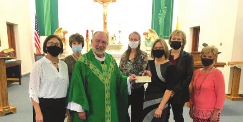 At the January meeting for the CDA Court Annunciation No. 1962 the court awarding a donation of $1,000 to Sts. Peter &amp; Paul Church, Plum for the Portico Project. Pictured from left to right are: Mary Lou Anderle, recording secretary; Dolores Perry; Fr. Bob Knippenberg; Brianne Bernsen; Shirly Antosh, regent; Jean Heger, and Maxine Holub.