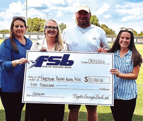 Pictured from left are FSB Fayetteville staff Tammy Beseda and Sarah Bertsch, Fayetteville Baseball Alumni Association President Josh Vitek, and Nicole Davis, FSB Fayetteville staff.