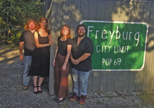 The stars of the play ‘Now and Then’ outside Freyburg Hall. Left to right: Brandon Theut, Melanie Lira, Emily Hudson and Austin Williams. Photo by Heather Barthelme