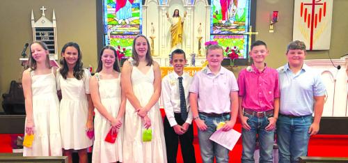 Grayslin Blaschke, Brooklyn McCoy, Emmry Blaschke, Mylah Blaschke, Gentry Roberts-Oppermann, Carson Muesse, Rowdy Hrbacek, and Chance Weishuhn were confirmed at St. John Lutheran Church in Rutersville.