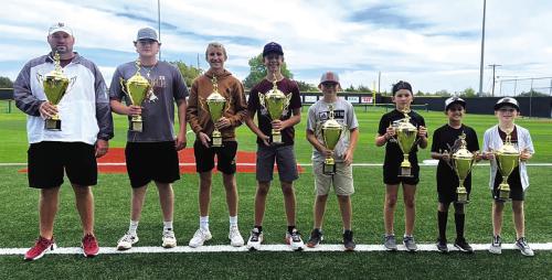 Winners of the home run derby left to right: Josh Vitek, Parker Vitek, Kole Schmitt, Dylan Henneke, Ethan Keilers, Jake Schley, Brady Noska and Decker Vitek.