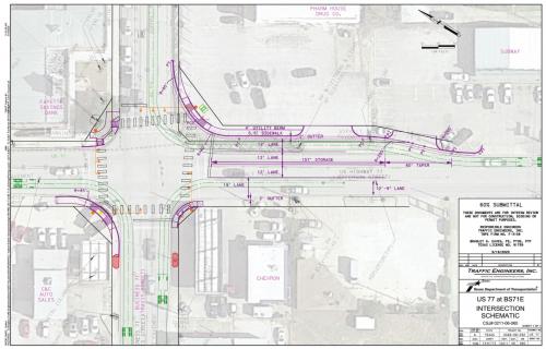 TxDOT provided the Record with a document showing their plans for widening the intersection at US 77 and Business 71 in La Grange. Note than north is to the left in the drawing.