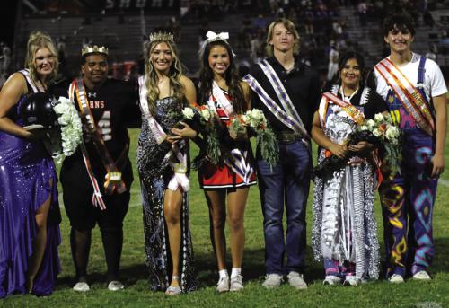 Schulenburg held its homecoming festivities Friday night and shown here are the members of the homecoming royalty court. Left to right – Football Sweetheart Ava Bubela, Homecoming King Keigan Johnson, Homecoming Queen Greenli Van Zandt, FFA Sweetheart Morgan Steinhauser, FFA Beau L.J. Schindler, Band Sweetheart Natalia Garcia and Band Beau Nicholas Rorschach. Photo by Audrey Kristynik